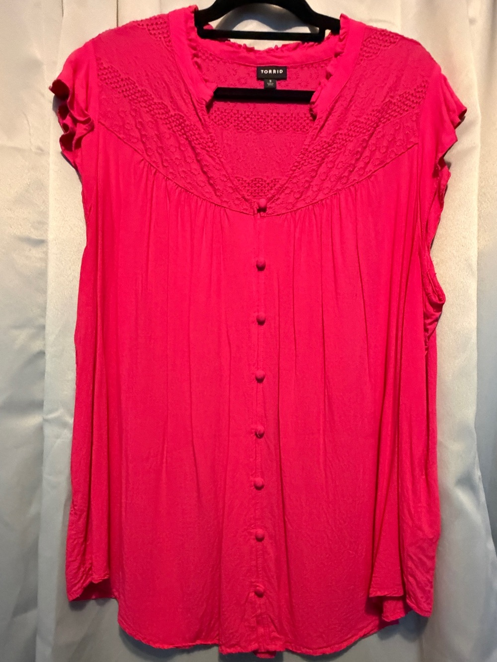 torrid Hot Pink Faux Button-Front Crochet Yoke Top